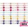 A collection of colorful flower and bow hair ties for girls in various pastel colors.