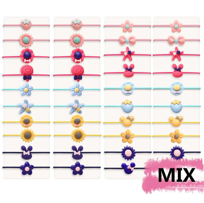 A collection of colorful flower and bow hair ties for girls in various pastel colors.