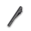 A close-up view of a black tie clip jewelry piece.