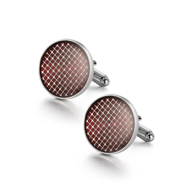 A pair of elegant copper cufflinks with a textured, reddish-brown pattern.