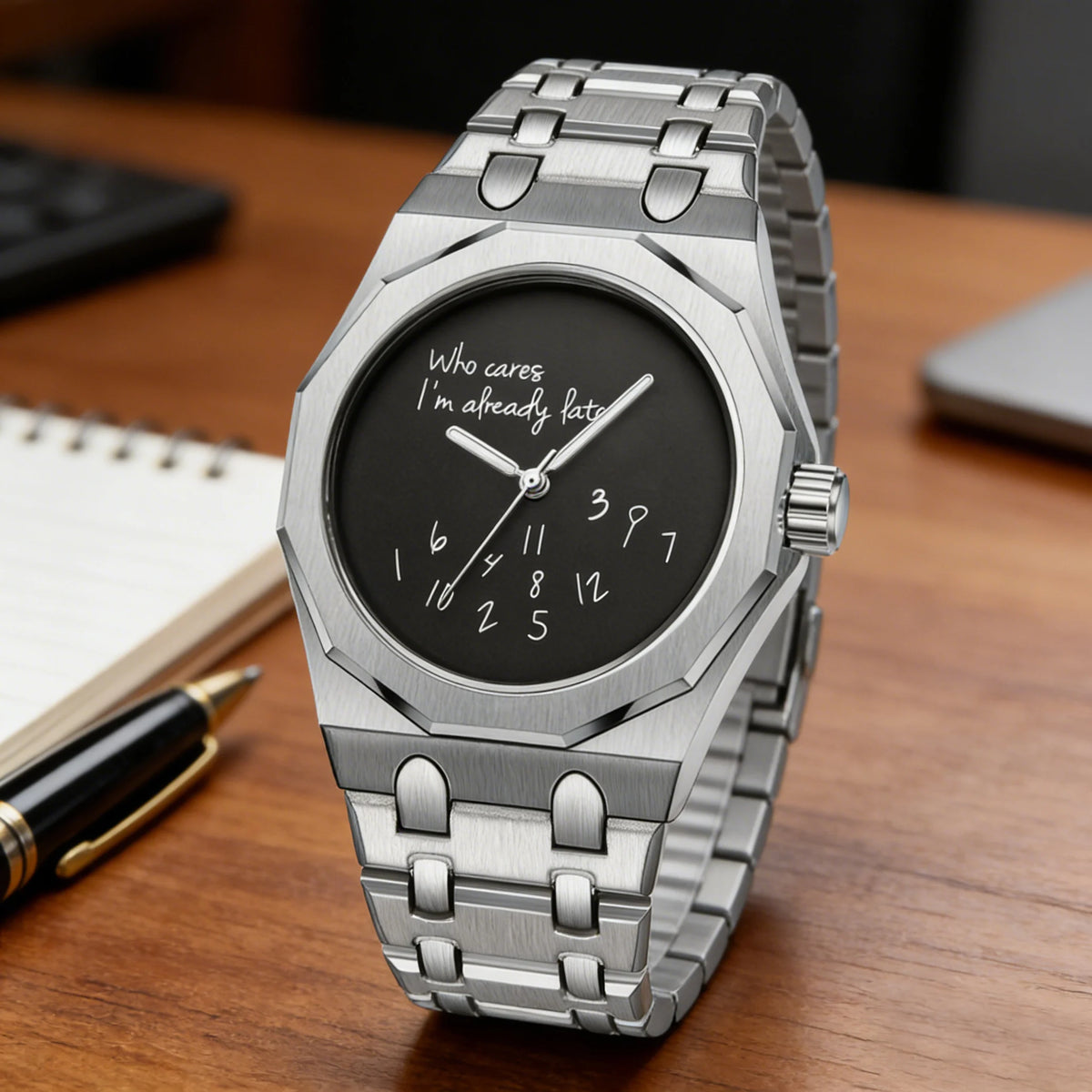 A silver stainless steel watch with a black dial featuring the slogan Who cares I'm already late, resting on a wooden surface