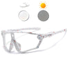 White sunglasses with multi-colored speckles shown alongside a sun icon and clouds.