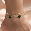Gold chain anklet with five-leaf emerald green charms worn on a slender ankle.