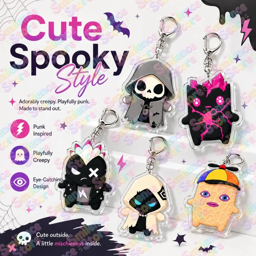 A set of cute spooky style acrylic keychains featuring dark and pastel designs with skulls and bats.