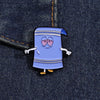 A enamel pin depicting a cartoon character wearing a purple towel and looking surprised.