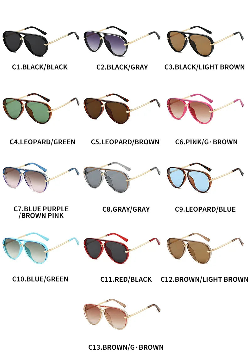 A collection of thirteen pilot style aviation sunglasses in various colors including black gray light brown leopard green bro