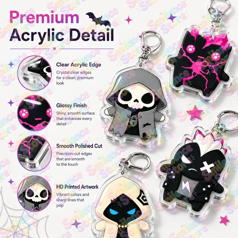 A set of premium acrylic detail keychains featuring dark and light themed designs with various finishes