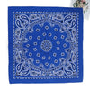 A vibrant blue bandana scarf featuring intricate white paisley and floral patterns.