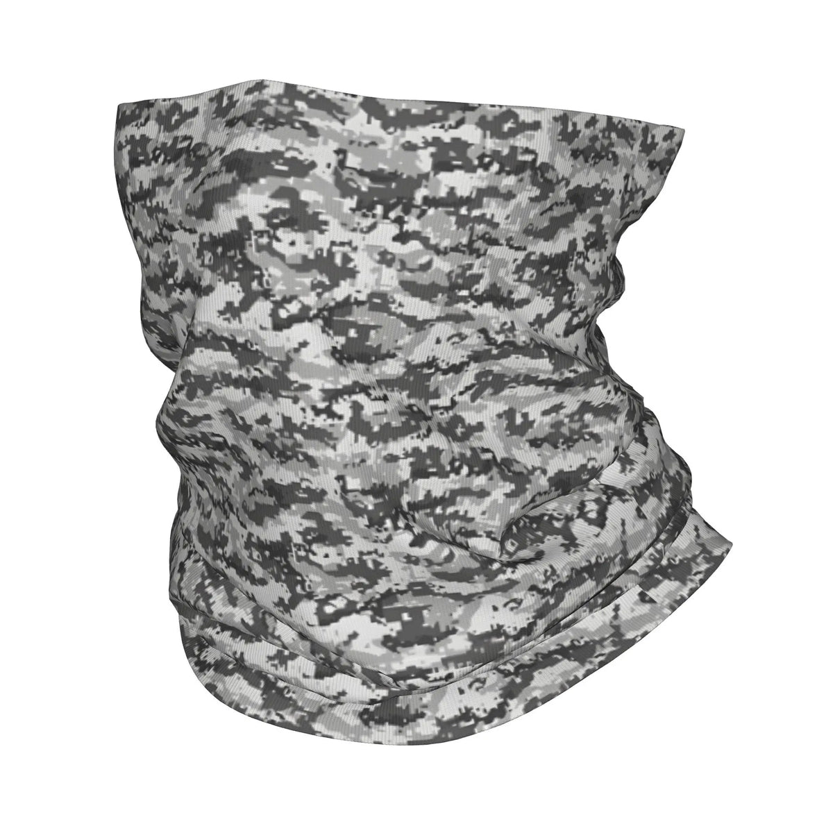 Un cuello de tela camuflado gris y verde enrollado.