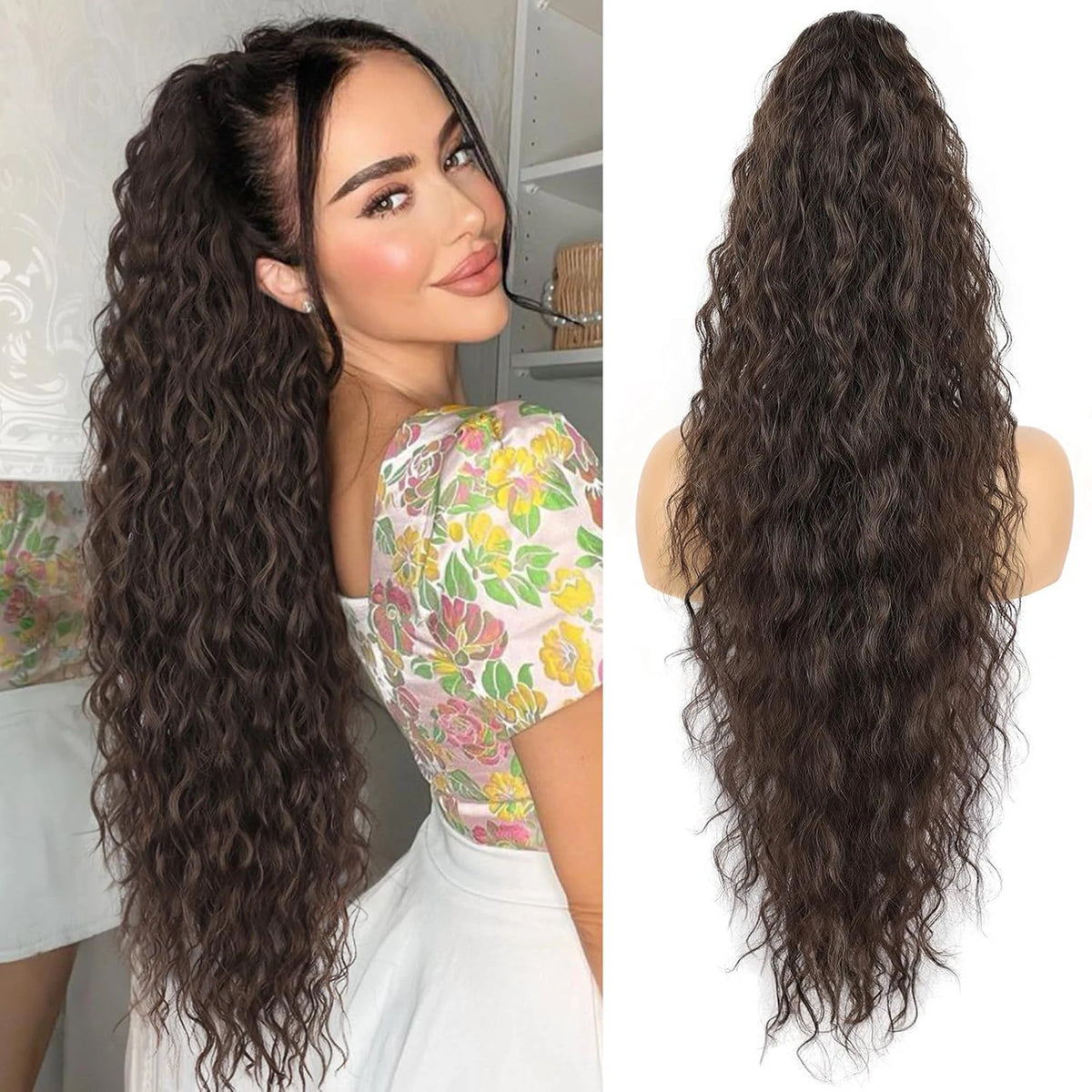Extensions de cheveux longs marron foncé, clip-in, avec des ondulations volumineuses