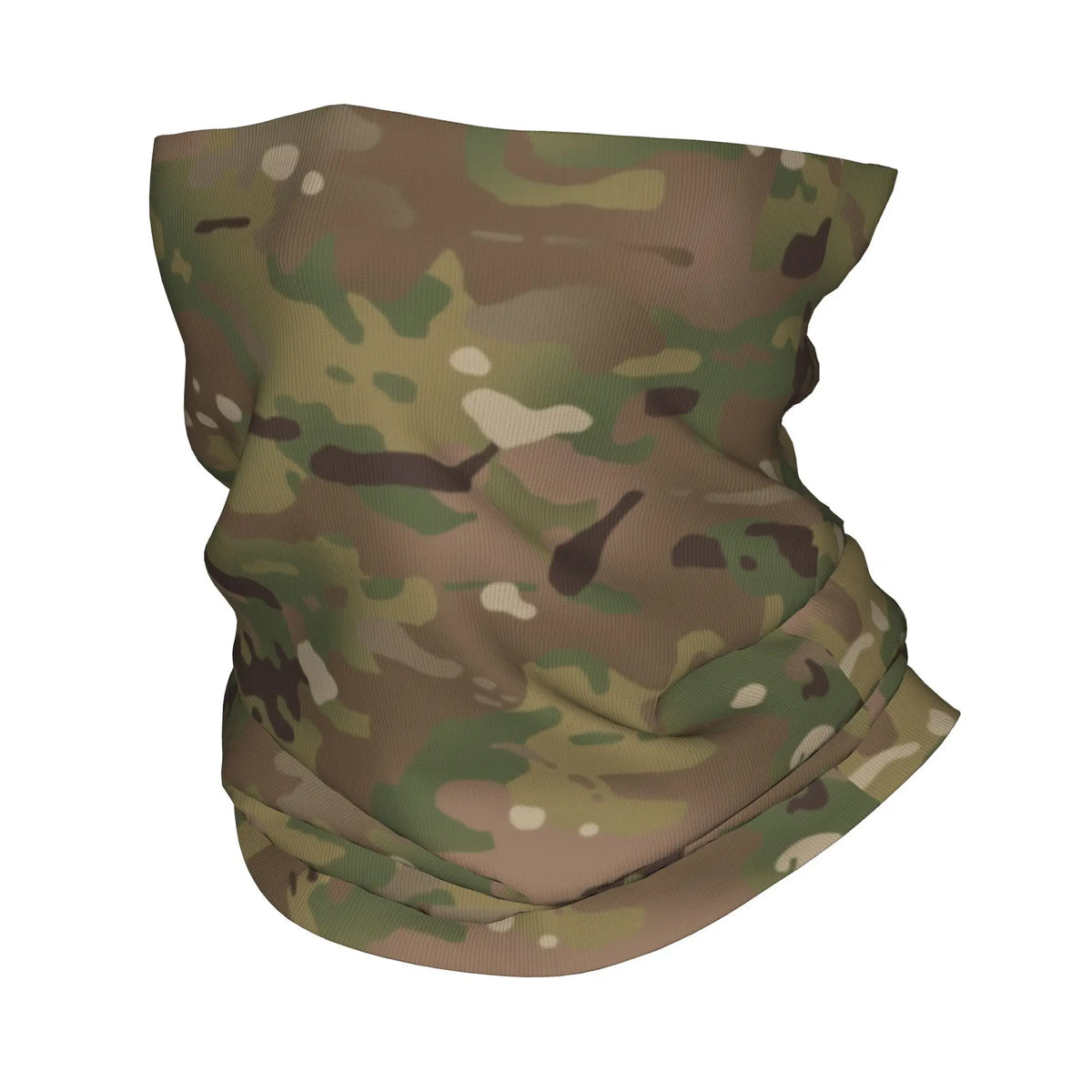 Buff de camuflaje en patrones verdes y marrones, mostrado contra un fondo blanco.