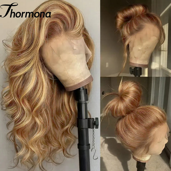 A close-up of a honey blonde wavy lace front wig displayed on a mannequin head.