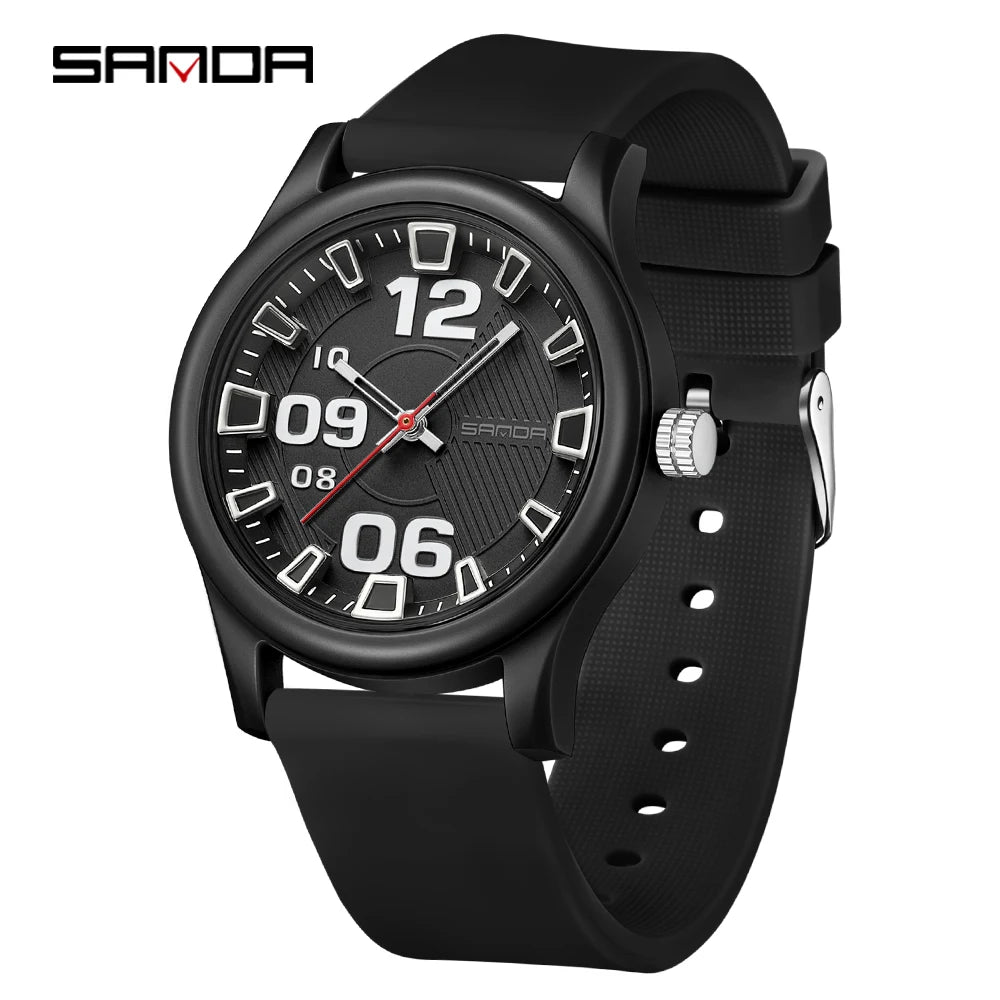 A black classic quartz fashion watch with a silver-toned dial and silicone strap shown against a white background.