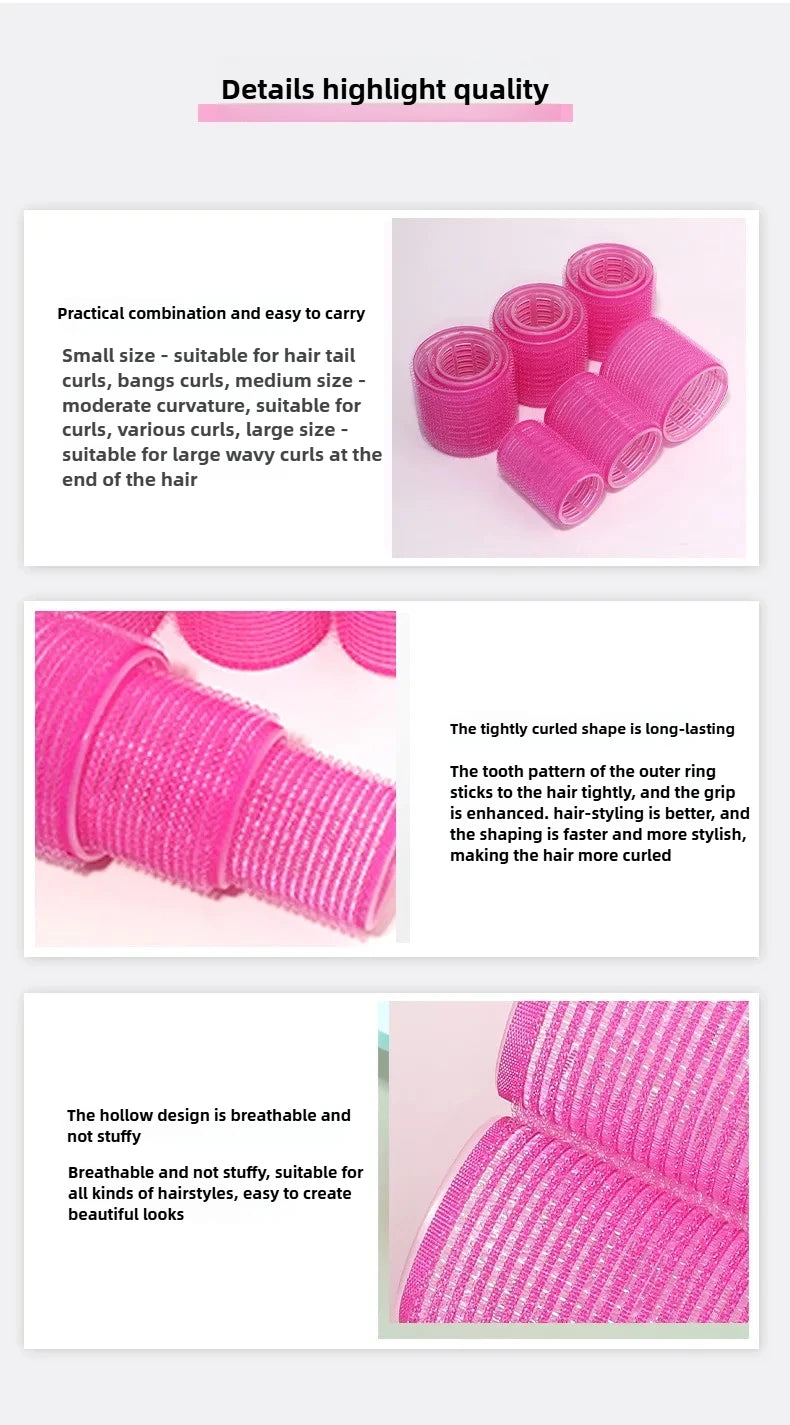 Pink heatless hair curlers shown in various sizes and angles highlighting their details and features