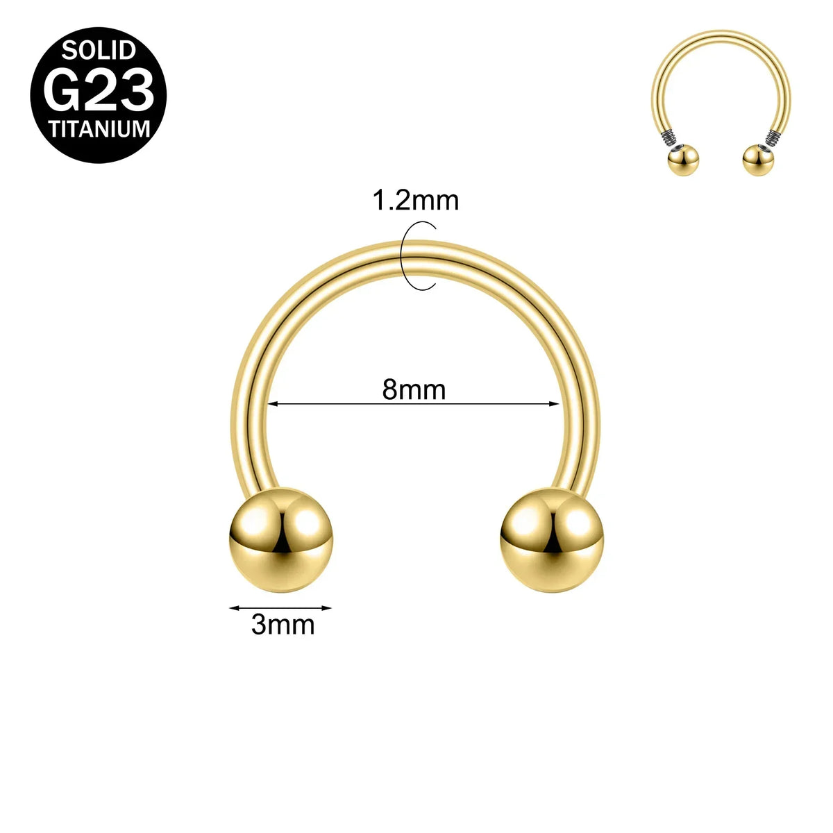 Gold-toned titanium nose ring with a curved hoop and spherical stud, 1.2mm wide.