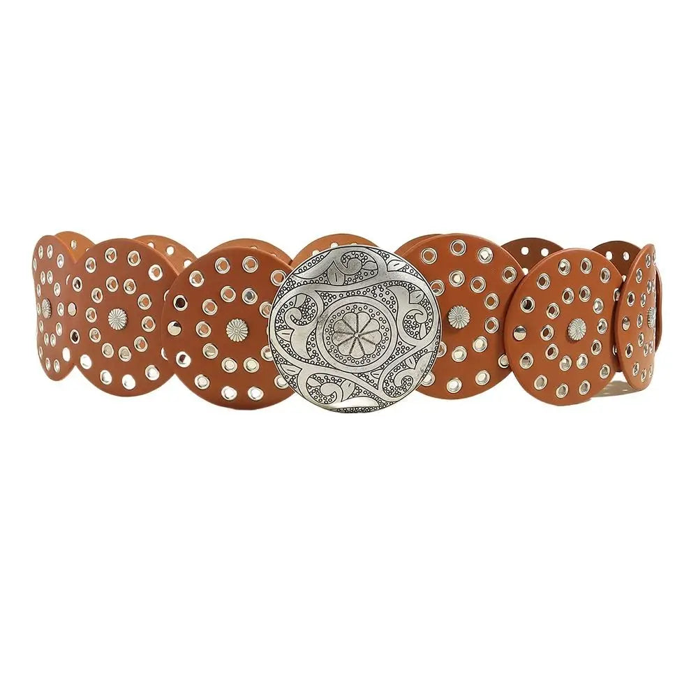 A set of vintage brown PU disc belts with metal buckles arranged in a row.