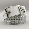 A silver square bead rivet pyramid belt with a white leather strap and buckle.
