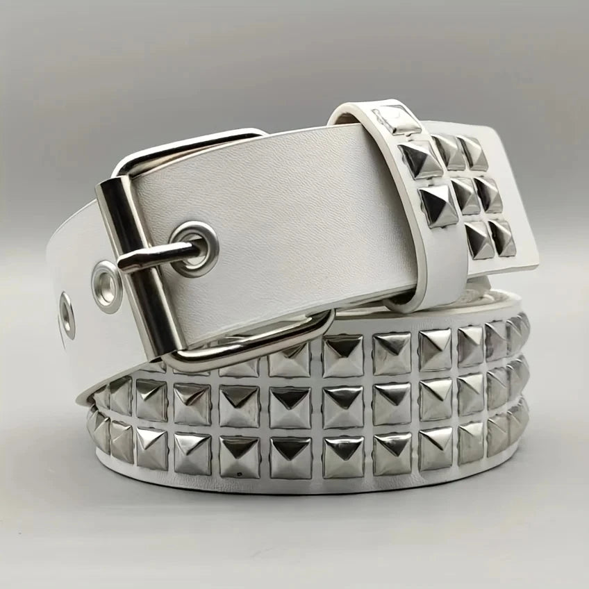 A silver square bead rivet pyramid belt with a white leather strap and buckle.