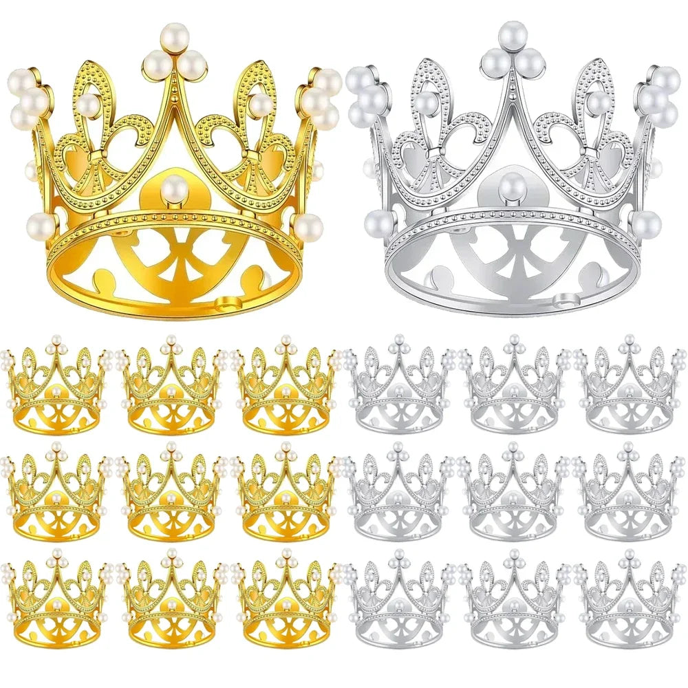 A set of gold and silver mini crown cake toppers for parties.