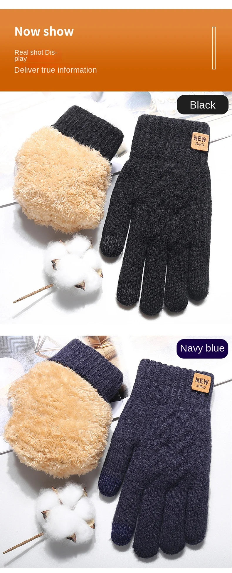 Une paire de gants d'hiver noirs tricotés avec doublure en polaire à côté d'une paire de gants tricotés bleu marine.