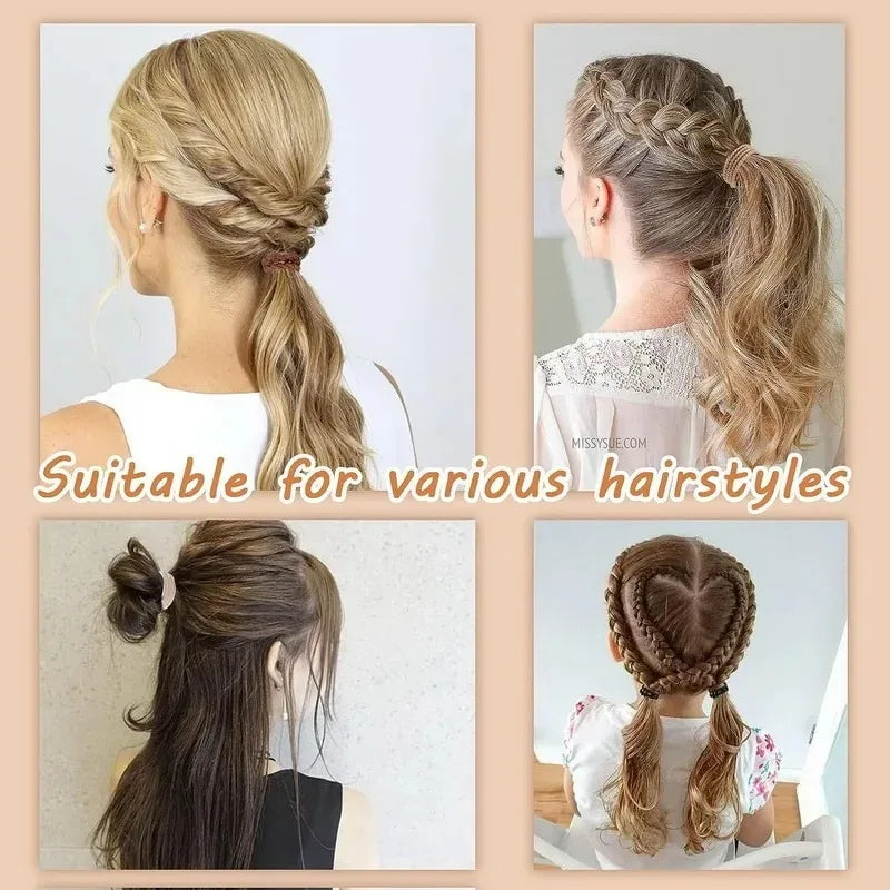 A collage showing various hairstyles including a braided ponytail and a loose hair braid.