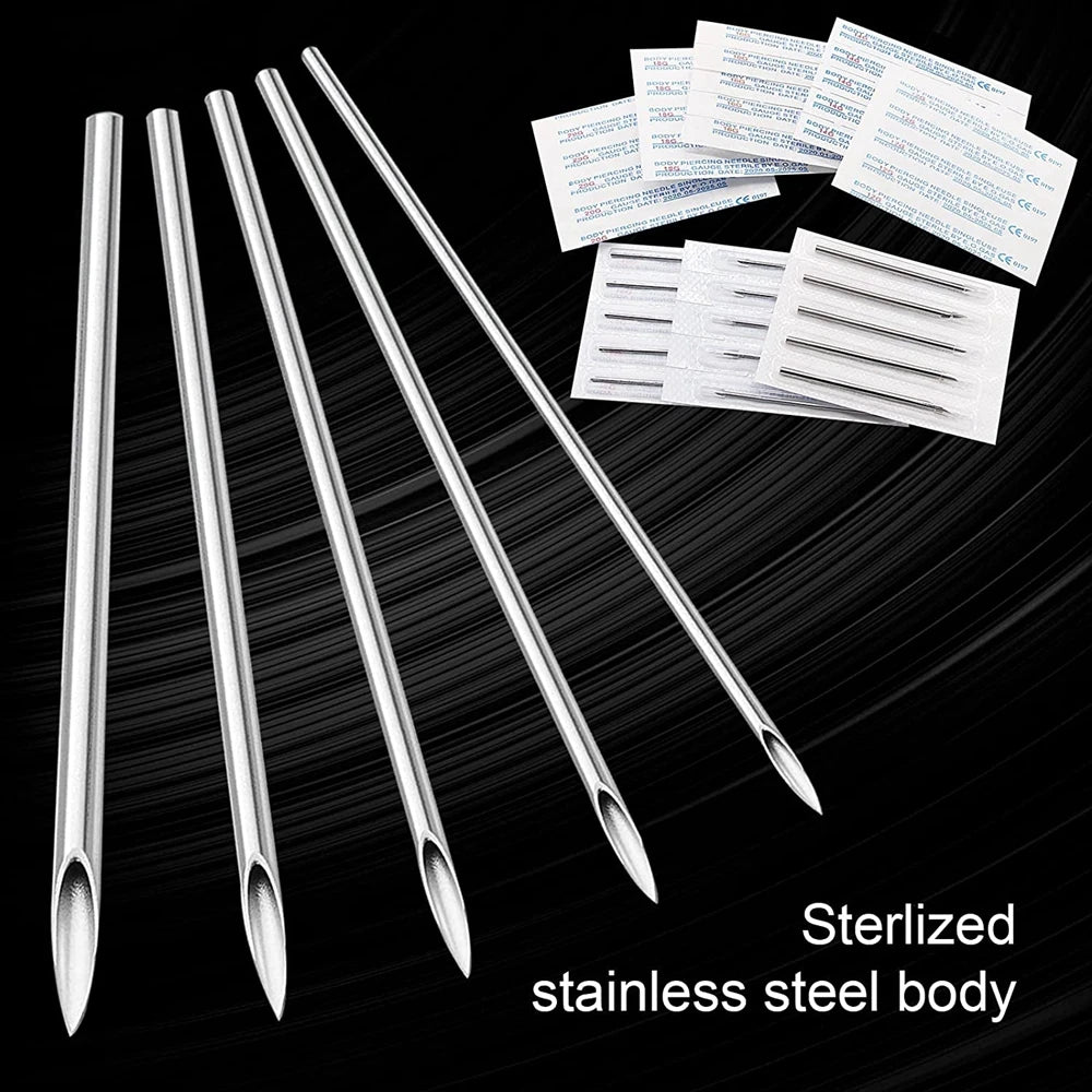 A set of sterilized stainless steel piercing needles and disposable sterile piercing needles.