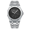A stainless steel octagonal watch with a black dial featuring the slogan Who cares I'm already late.