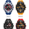 A variety of multicolor digital wristwatches in blue, orange, black, and red.