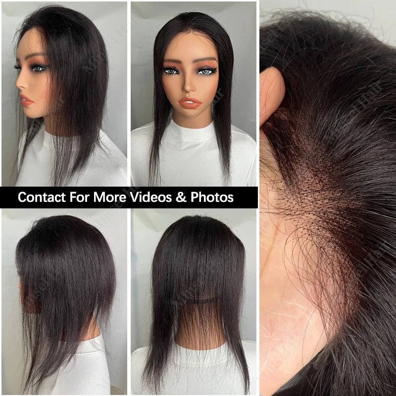 Close-up photos of black lace front hair toppers for high foreheads shown from various angles.