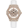 A close-up of a rose gold and diamond-encrusted women's fashion watch with a white strap.