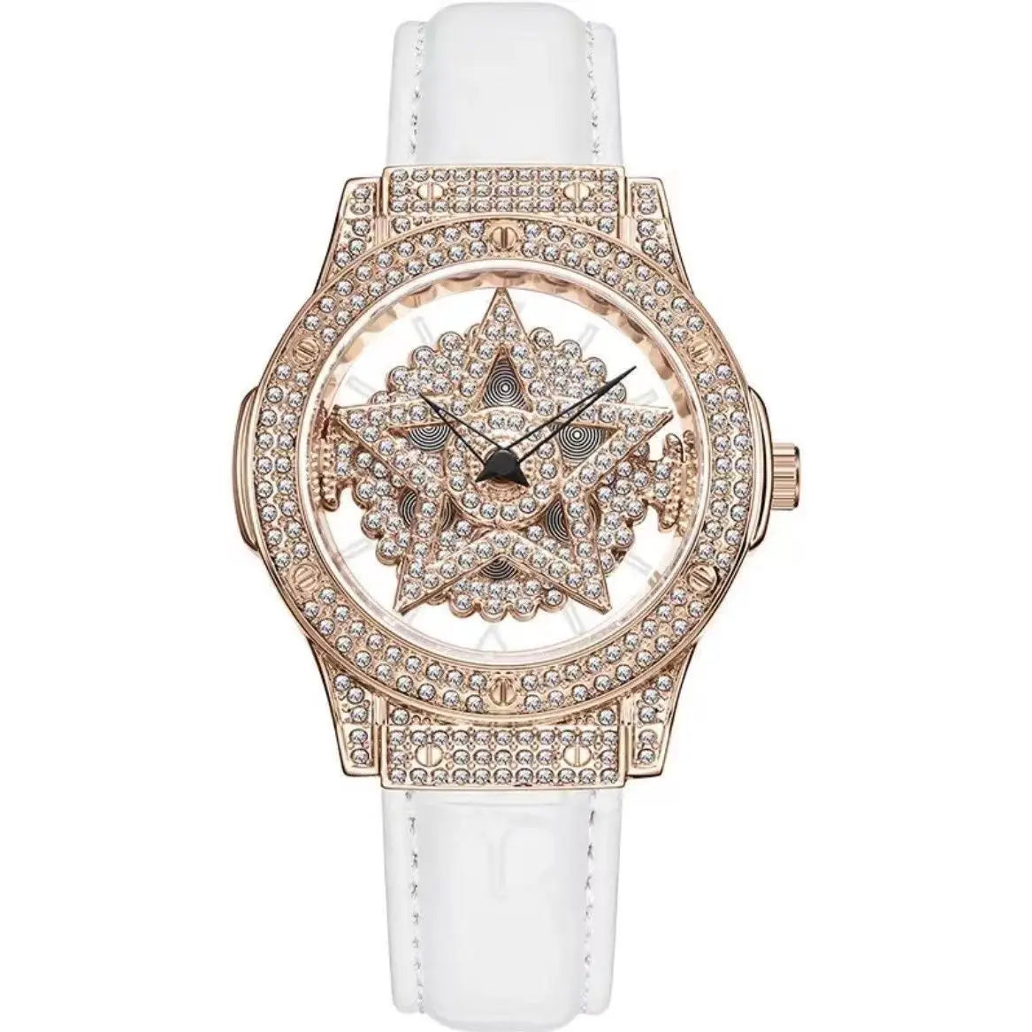 A close-up of a rose gold and diamond-encrusted women's fashion watch with a white strap.