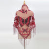 A sheer pink lace scarf or shawl featuring embroidered red and black butterfly patterns with fringe details.