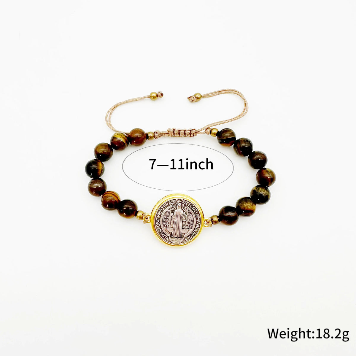 A set of brown beads and a gold medal charm bracelet with a leather cord.