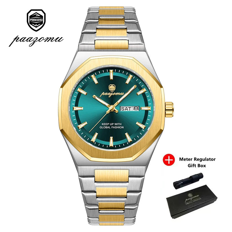 A silver stainless steel watch with a teal face and gold accents, presented with its box.