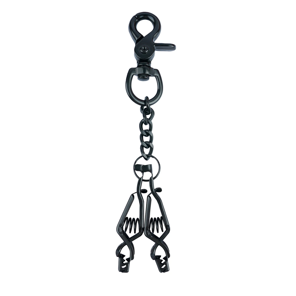 A black metal glove clip holder with a hook and a loop.