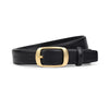 Black leather belt with a gold-toned rectangular buckle.