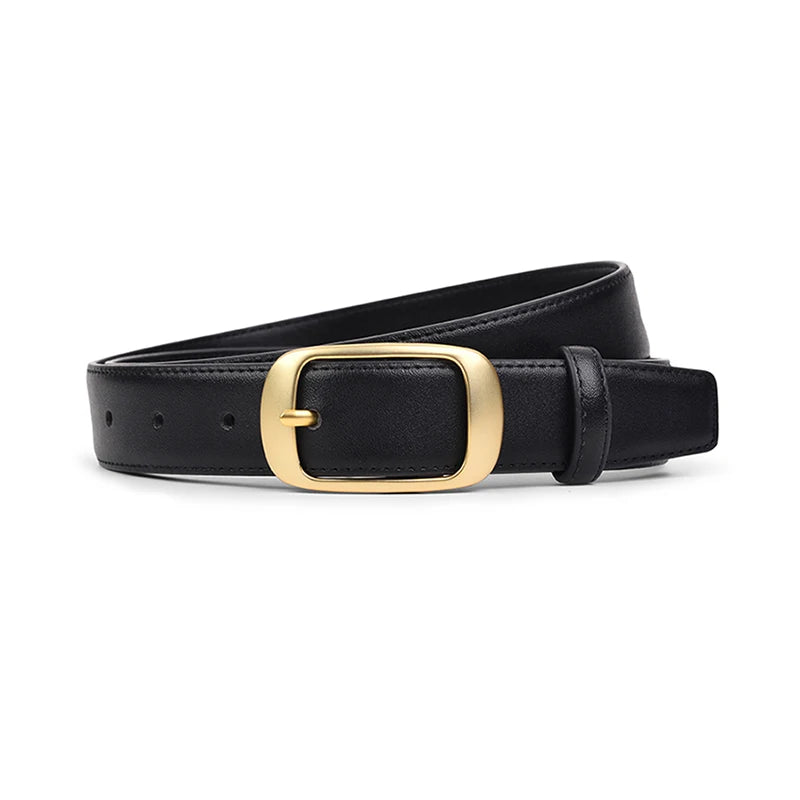 Black leather belt with a gold-toned rectangular buckle.