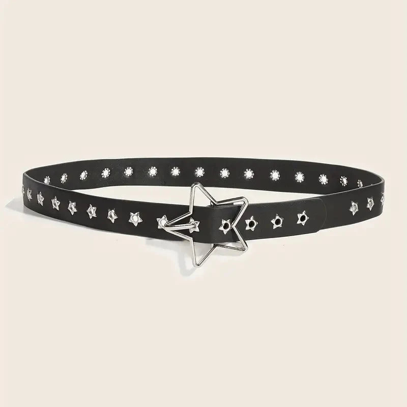 Black Y2K punk star rivet belt worn flat against a light background