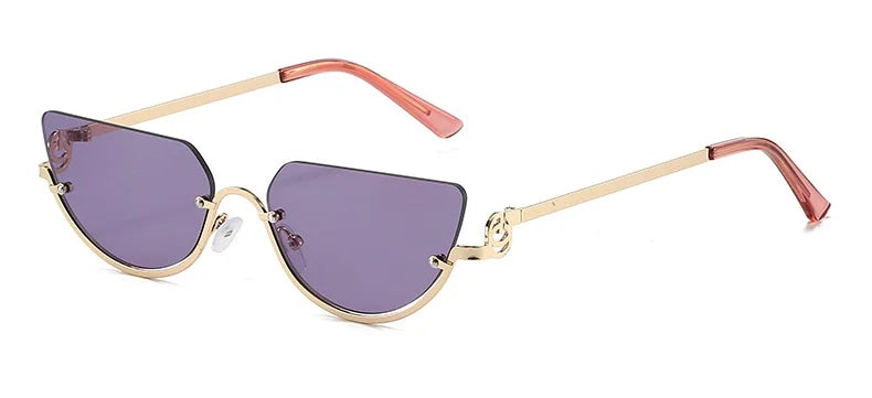 Gafas de estilo felino retro con lentes morados y marco de oro rosa