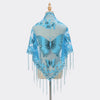 Light blue sheer lace scarf or shawl featuring a detailed butterfly print and dangling fringe