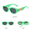 Lime green sunglasses with gold metal detailing shown from the front and back views