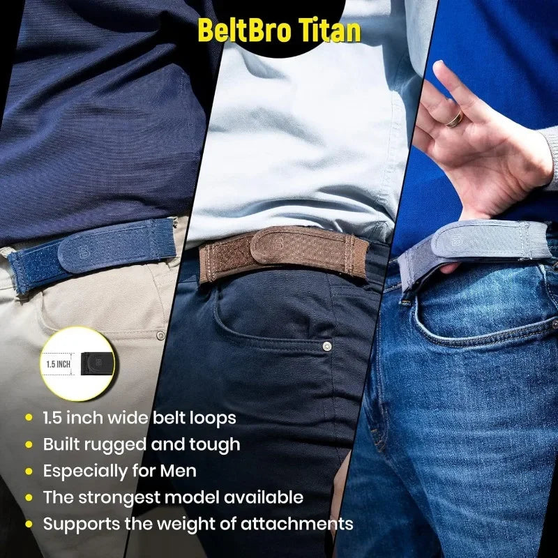 Close-up of a BeltBro Titan belt worn around the waist of a man, showing its rugged texture and construction.