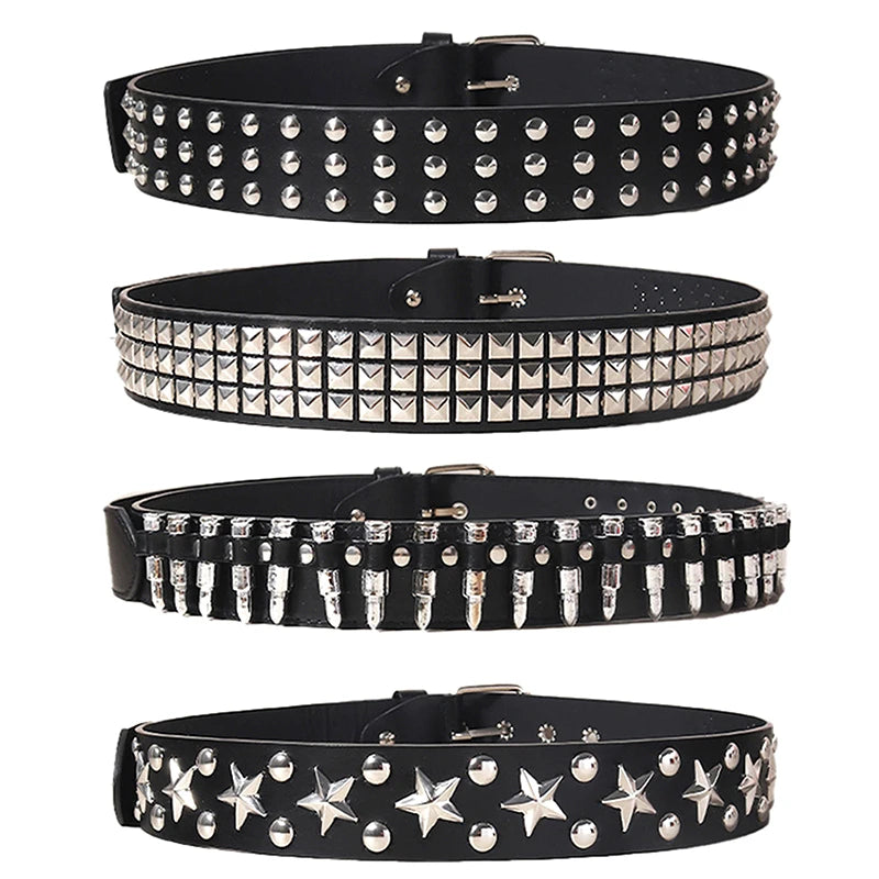 Black leather goth punk belt adorned with silver bullet studs and spikes