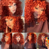 A close-up of a woman modeling a red ginger curly wave wig with bangs