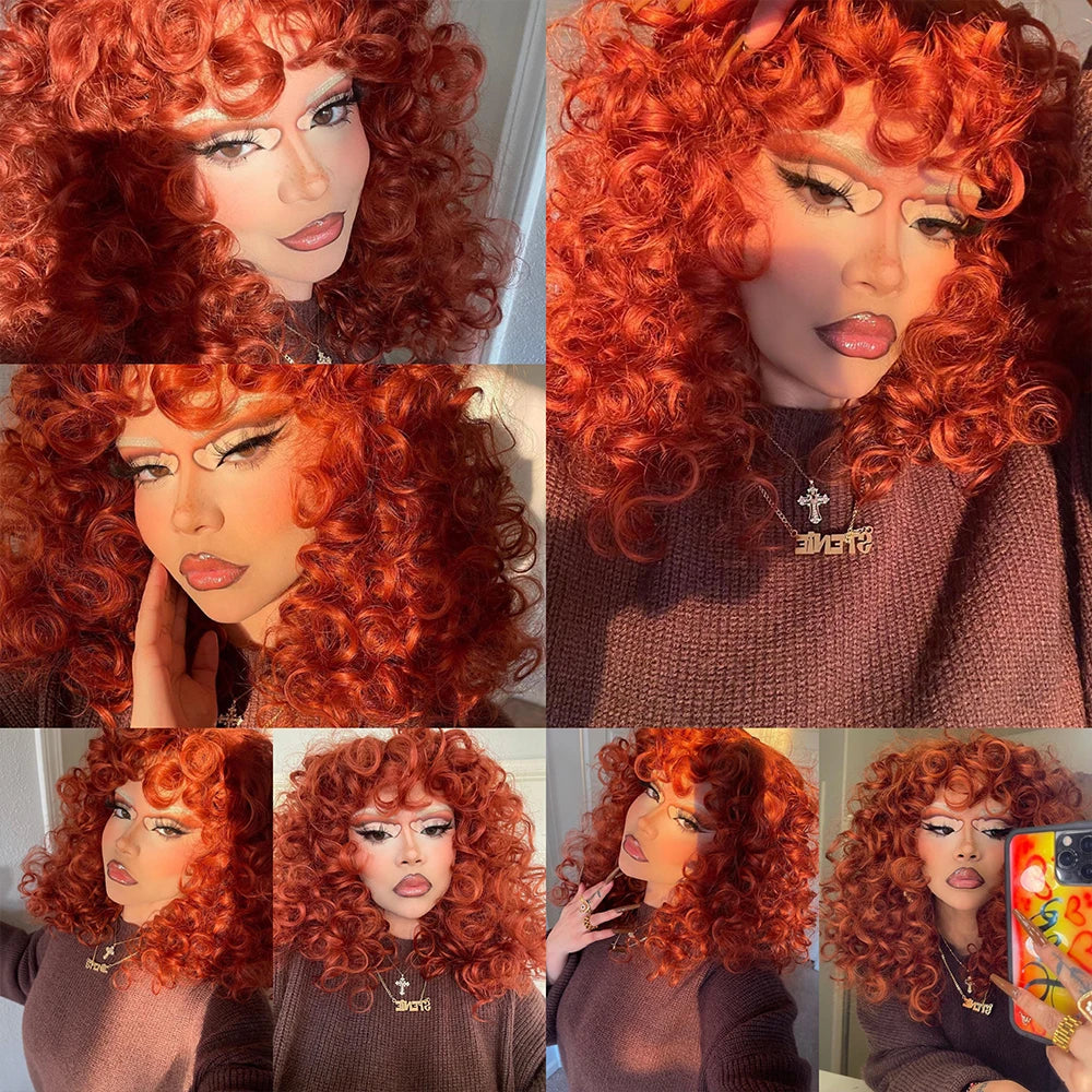 A close-up of a woman modeling a red ginger curly wave wig with bangs