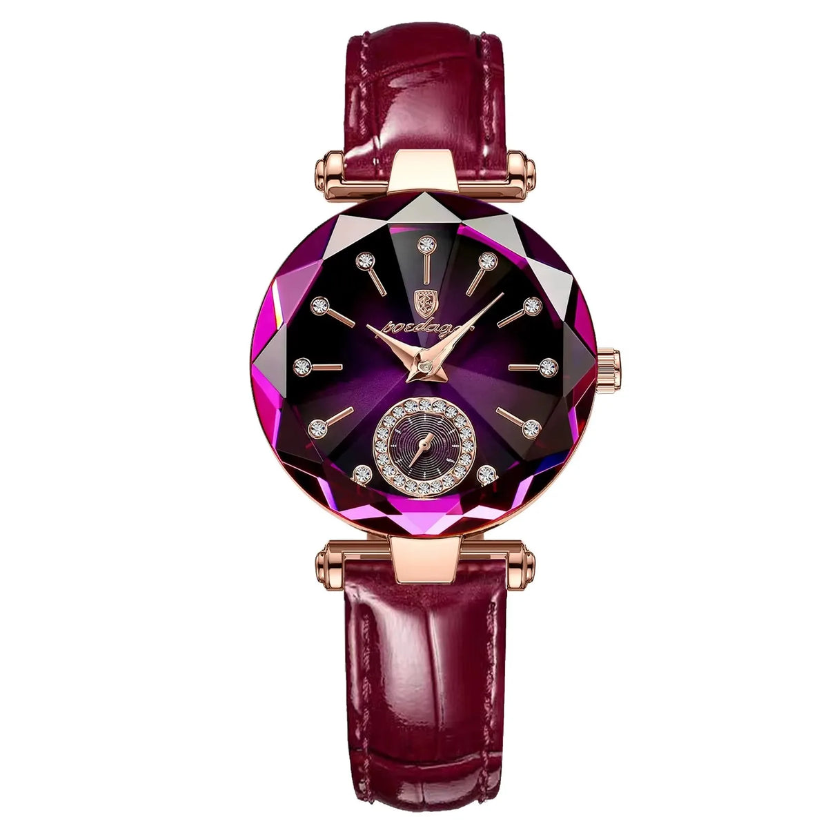 A ladies wristwatch with a deep purple and black face, rose gold accents, and a burgundy leather strap.