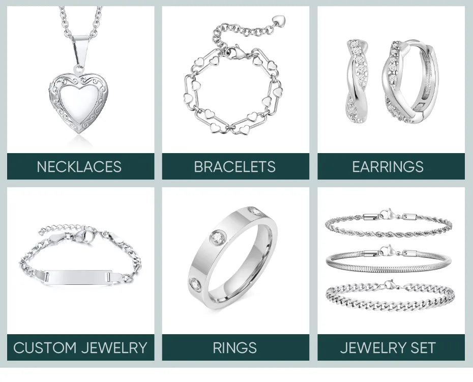 A collection of stainless steel jewelry including necklaces, bracelets, earrings, rings, and a custom jewelry set.
