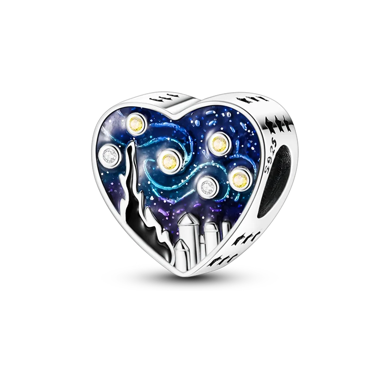 A sterling silver heart-shaped charm bracelet featuring a blue and purple celestial design with sparkling stones.