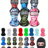 A collection of various colored and patterned balaclava caps for outdoor activities.