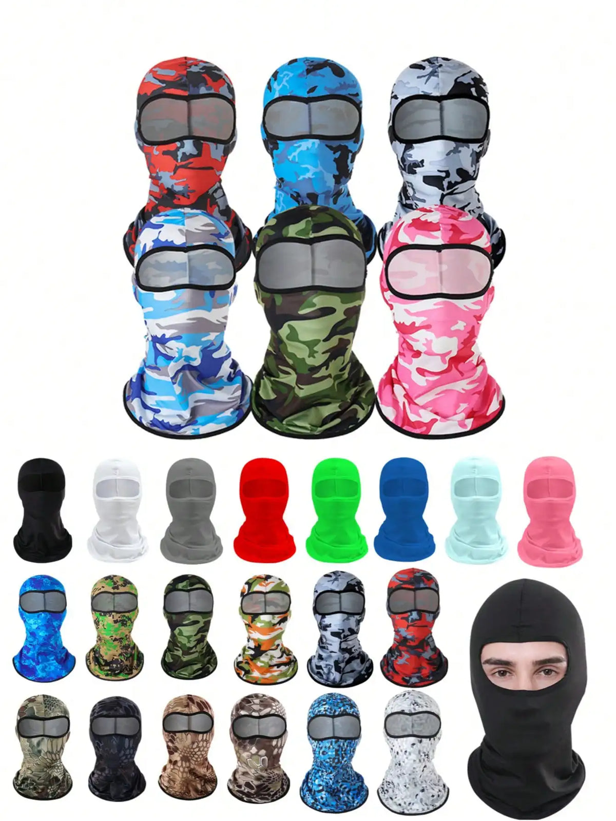 A collection of various colored and patterned balaclava caps for outdoor activities.